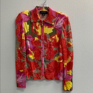St. John Women's Abstract Floral Knit Zip Up Lighter Weight Sweater size P Small